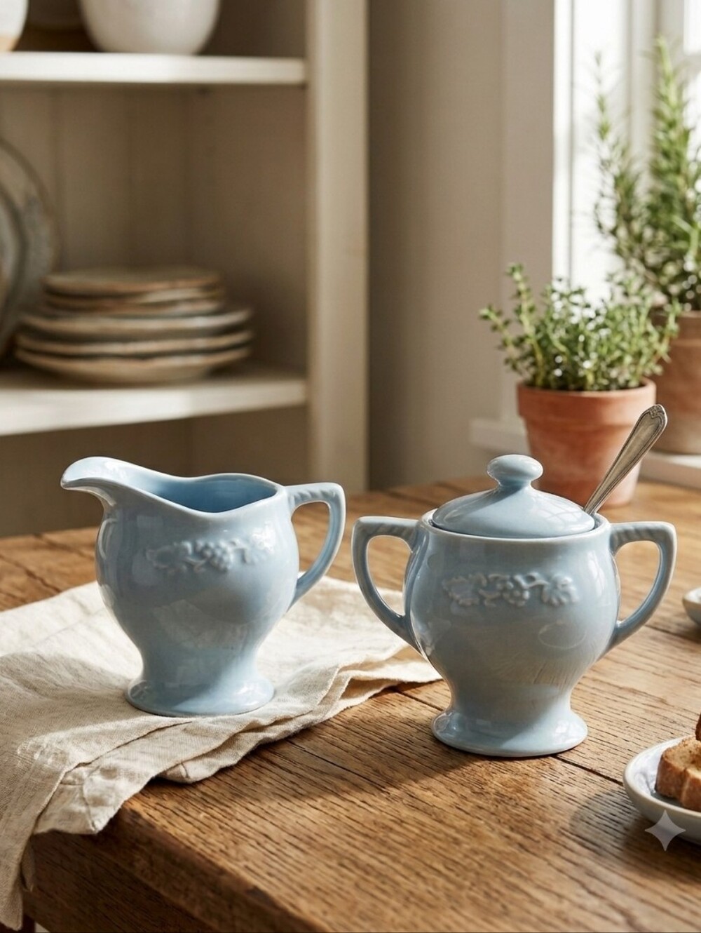 Vintage California Pottery Set Sugar Bowl & Creamer Baby Blue Grape Motif